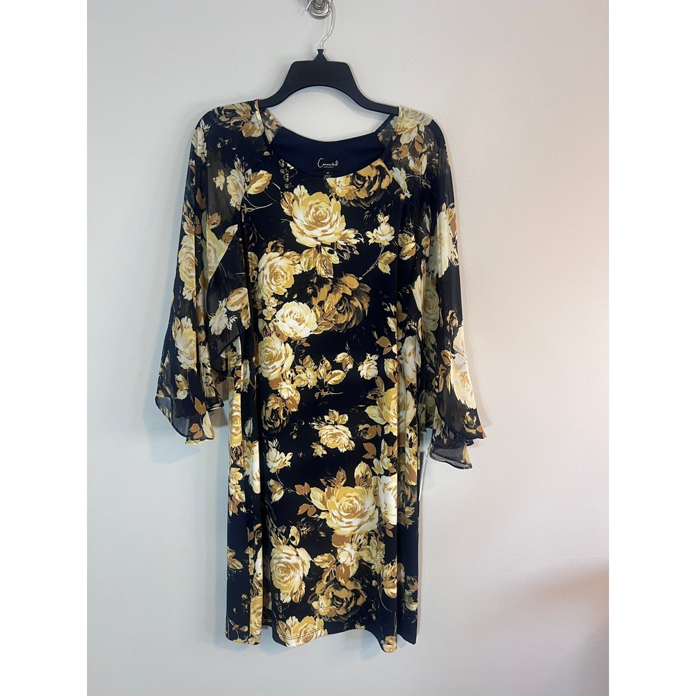 Connected Apparel Navy Mustard Floral Sheer Bell Sleeve Dress Size 12